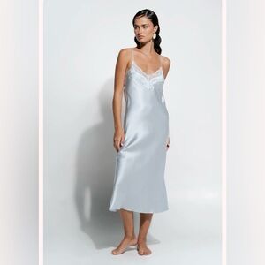 NWT GINIA 100% Silk Lace Long Slip Dress in Pearl Blue